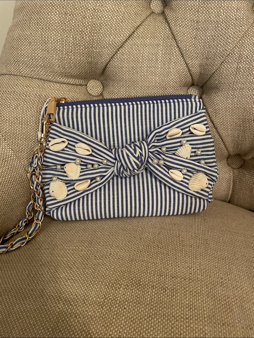 Shiraleah Navy & White Striped Knot Clutch with Shell Embellishments